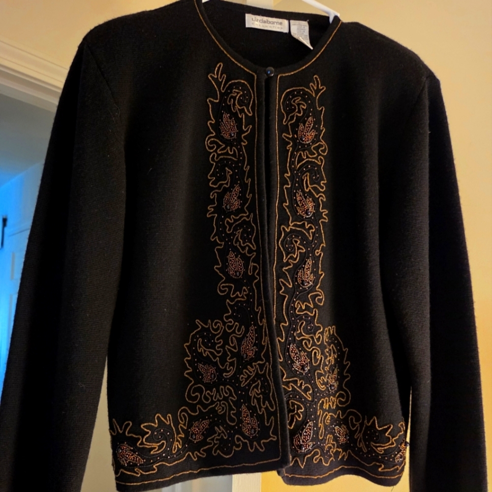 Liz Claiborne Black and Gold Embroidered Blazer
